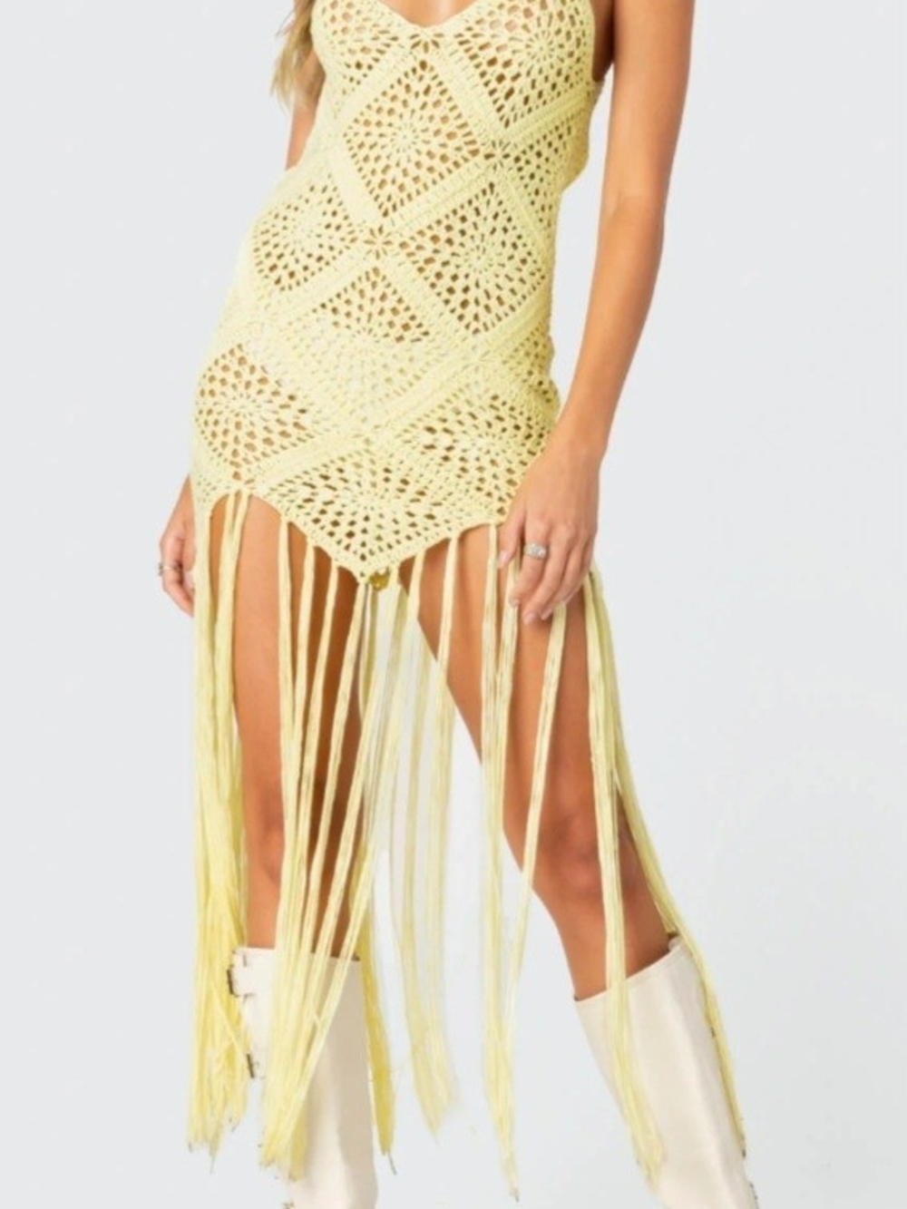 Edikted-Yellow Crochet Fringe Mini Dress Swimsuit Coverup Size Large